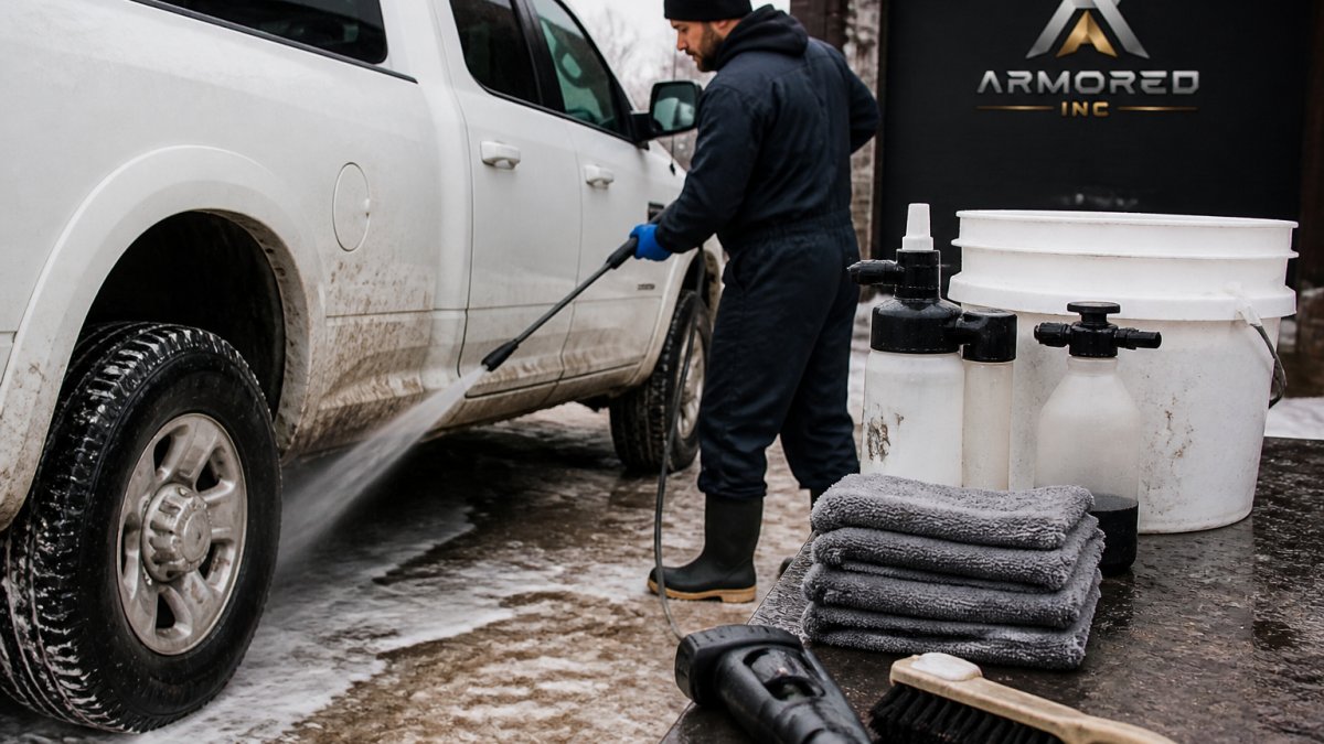 Worker pressure washing road salt off a white truck to protect commercial vehicle paint in winter.