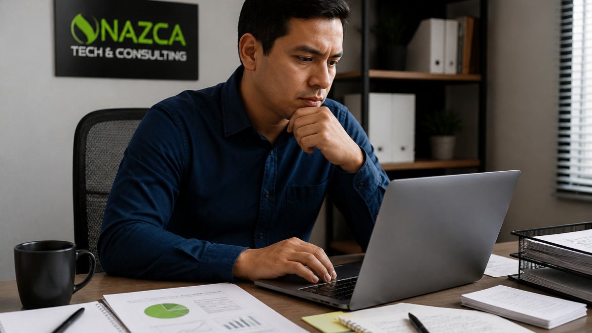 Office employee carefully reviewing a suspicious email on a laptop to prevent customer data phishing.