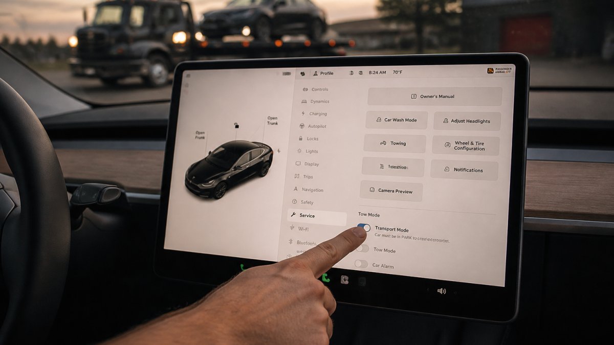 Close-up of a Tesla touchscreen showing the Controls menu path with Service and Towing options visible, driver's hand pointing to the Transport Mode selection