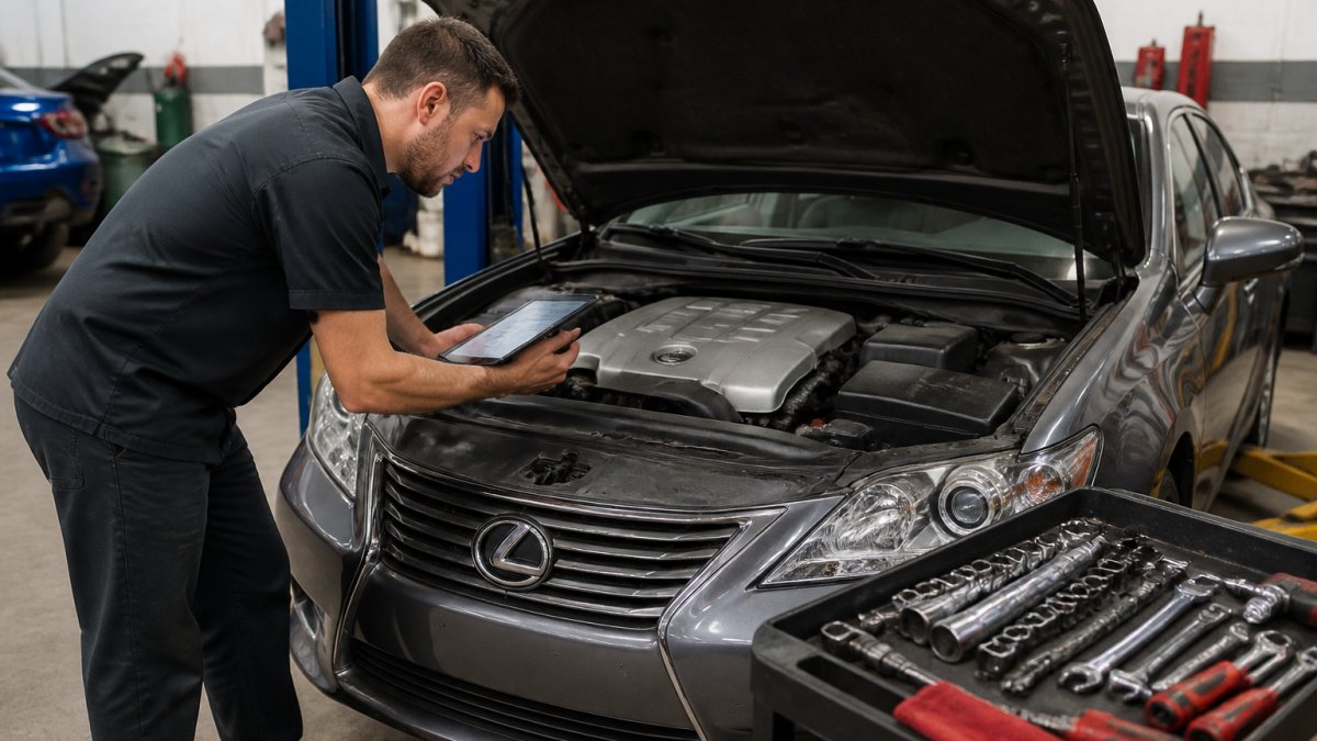 Technician reviewing Lexus technical service bulletins on a tablet while inspecting an open car engine.