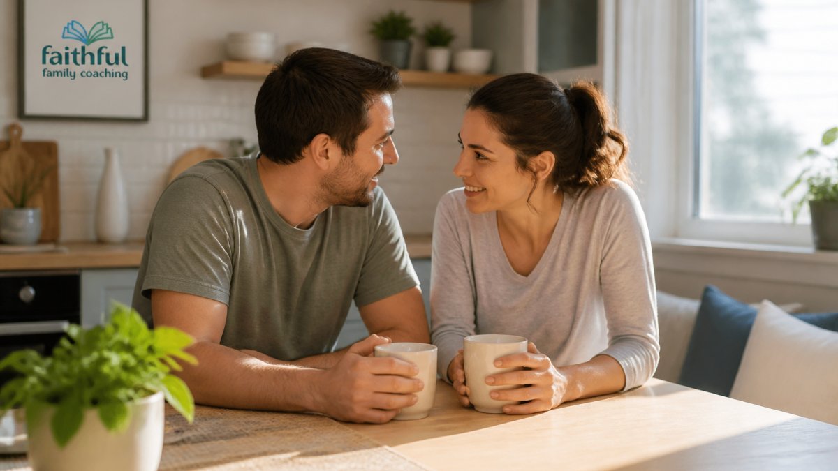 Diagram illustrating daily connection rituals to prevent emotional drift between spouses over morning coffee.