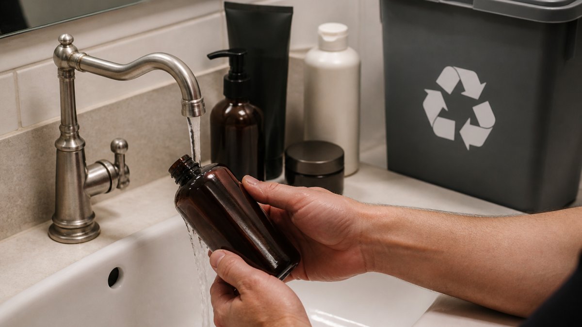 Close-up of hands rinsing an empty shampoo bottle under a bathroom tap, with a recycling bin visible nearby and other grooming containers on the sink