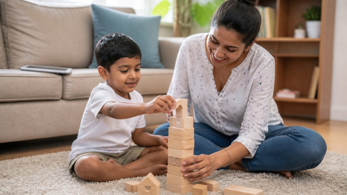A parent and young child sitting on a living room floor building a tall wooden block tower together