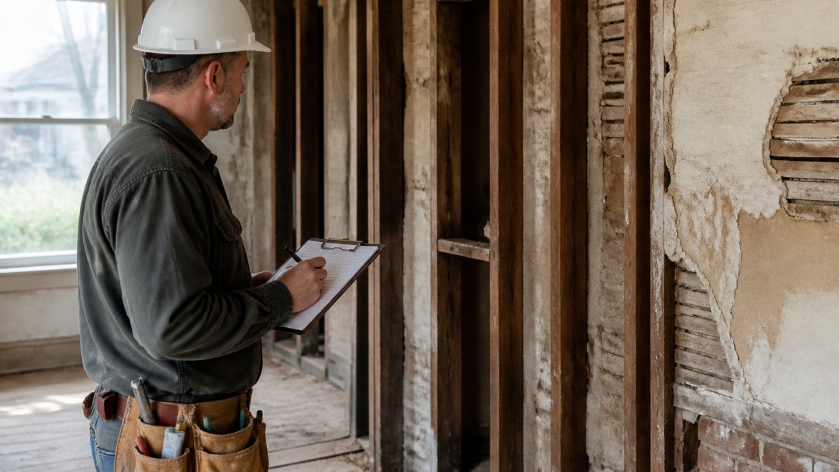 A contractor in a hard hat inspecting exposed wall framing and old plaster in a historic home, holding a clipboard with a checklist, natural light through a window