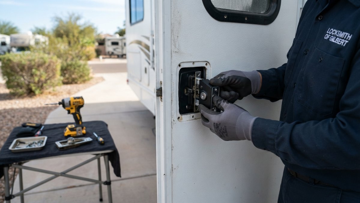 Step-by-step guide showing the rv lock replacement process for a motorhome door using a cordless screwdriver.