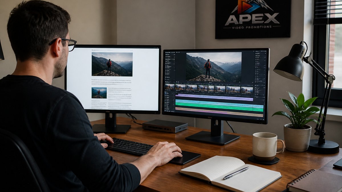 A marketer at a desk reviewing a blog article on one screen and a video editing timeline on another, with a notebook and coffee nearby