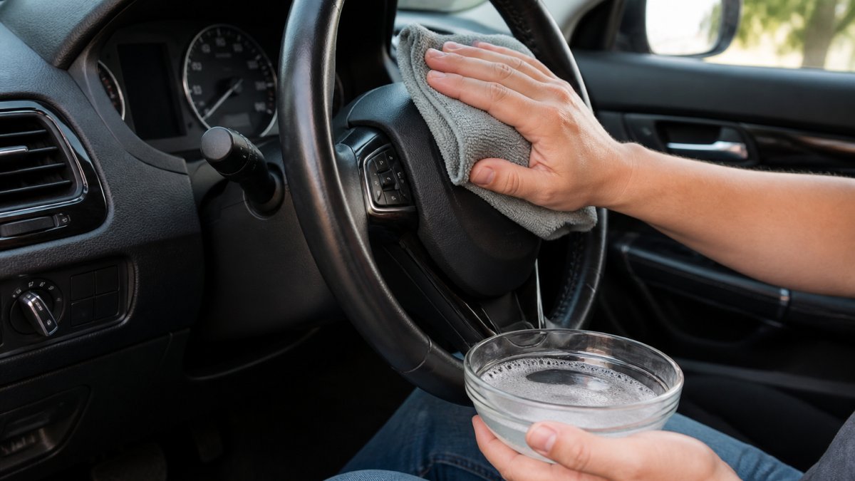 Close-up of a person's hands using a soft microfibre cloth and a small bowl of soapy water to wipe down a car steering wheel, with the car interior visible in soft daylight