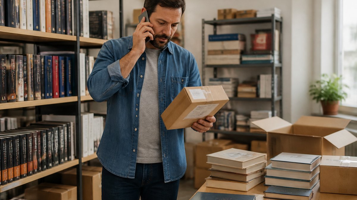 Professional reviewing paperwork and a shipping label for a returned technical reference book at a desk