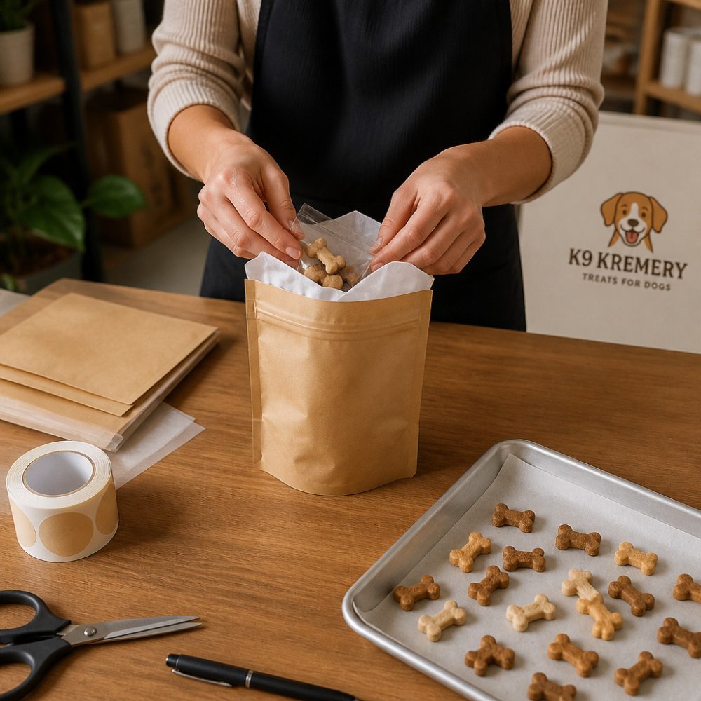 Hands carefully placing wrapped treats into a tissue-lined kraft pouch on a wooden counter
