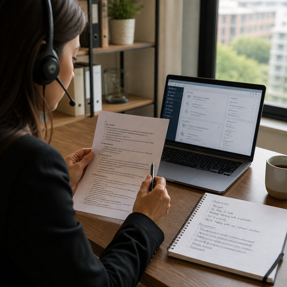 A sales professional on a headset reviewing a printed call script at a tidy desk, with a laptop showing a CRM record and a notebook of handwritten objections nearby