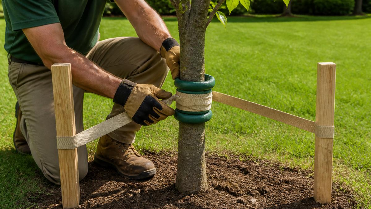 Person using a nylon strap and garden hose to secure leaning trees to wooden stakes in the lawn