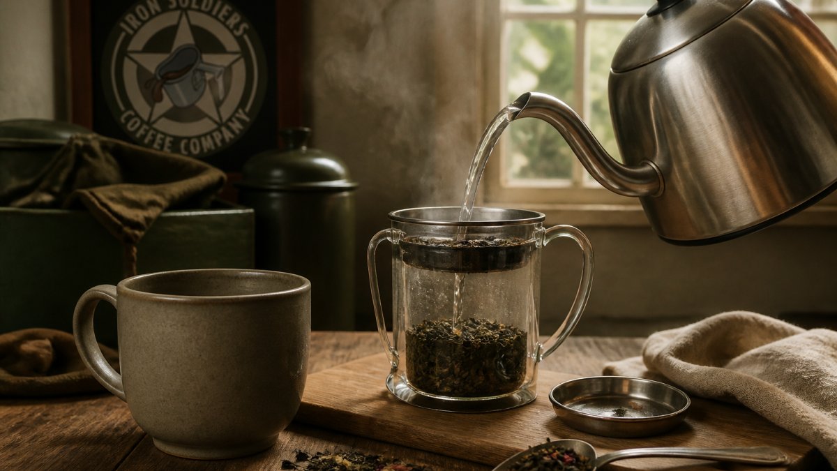 Close-up of a stainless steel kettle pouring hot water over loose tea leaves in a glass infuser, steam rising, warm kitchen light, a ceramic mug waiting nearby