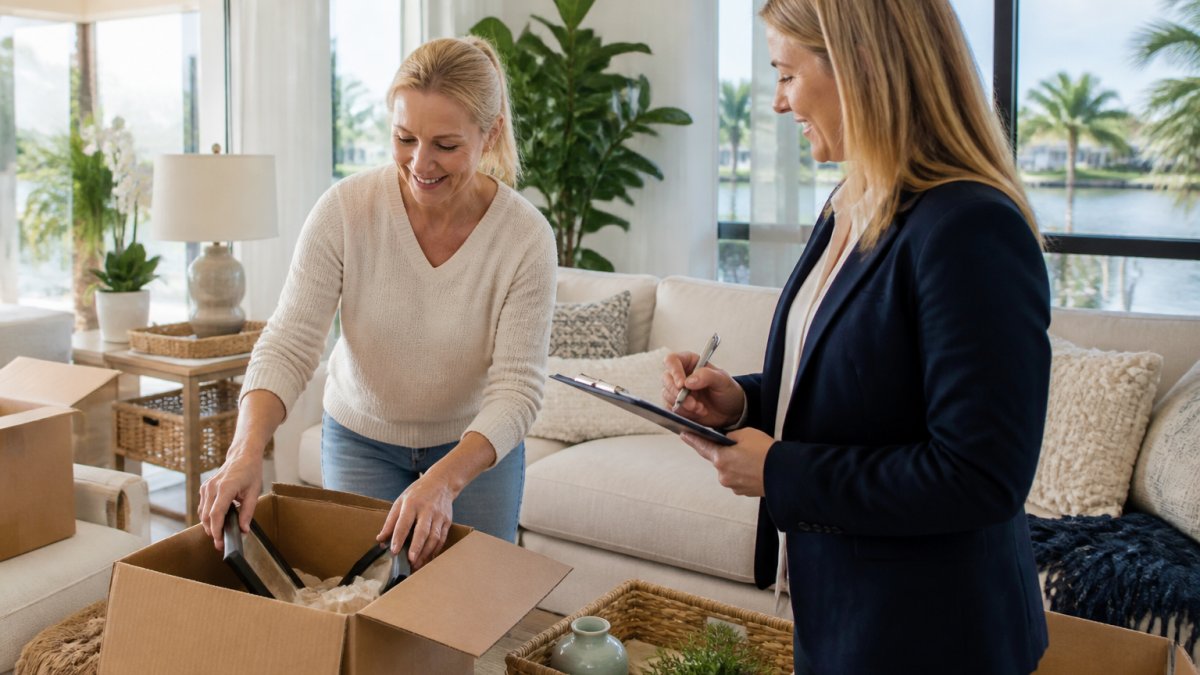 A homeowner in a bright Sarasota living room packing boxes and clearing clutter, with a real estate agent reviewing a checklist on a clipboard nearby