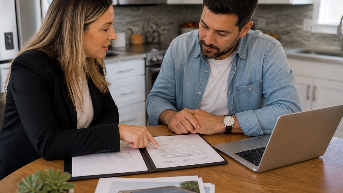 A homeowner and a real estate agent sitting at a kitchen table reviewing a solar lease agreement with a laptop open, paperwork spread out, and a signed transfer form in view