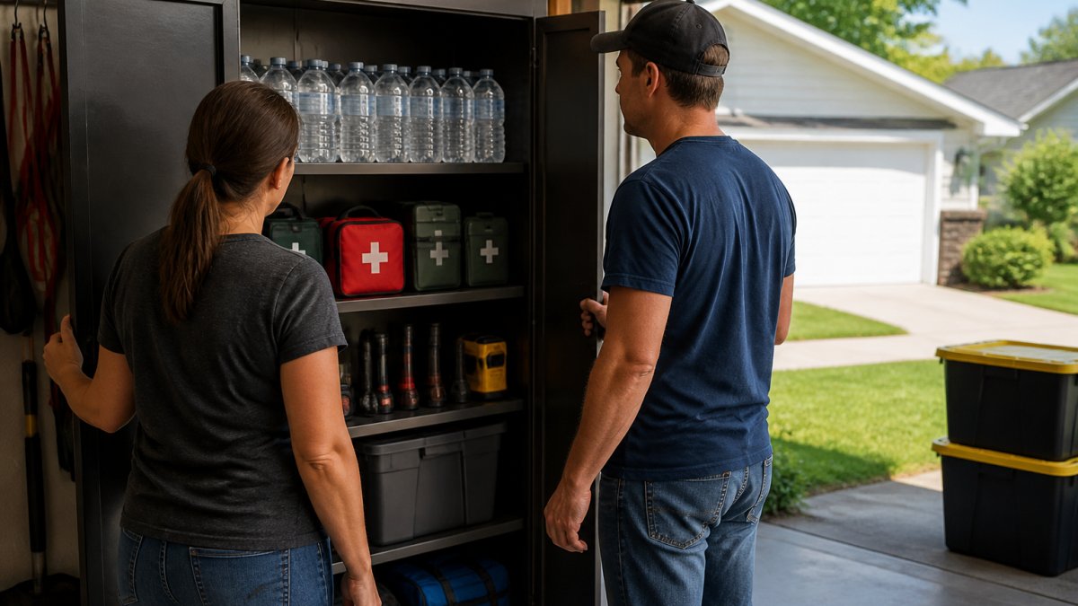 Neighbors opening a secure garage cabinet stocked with supplies for a neighborhood emergency cache.