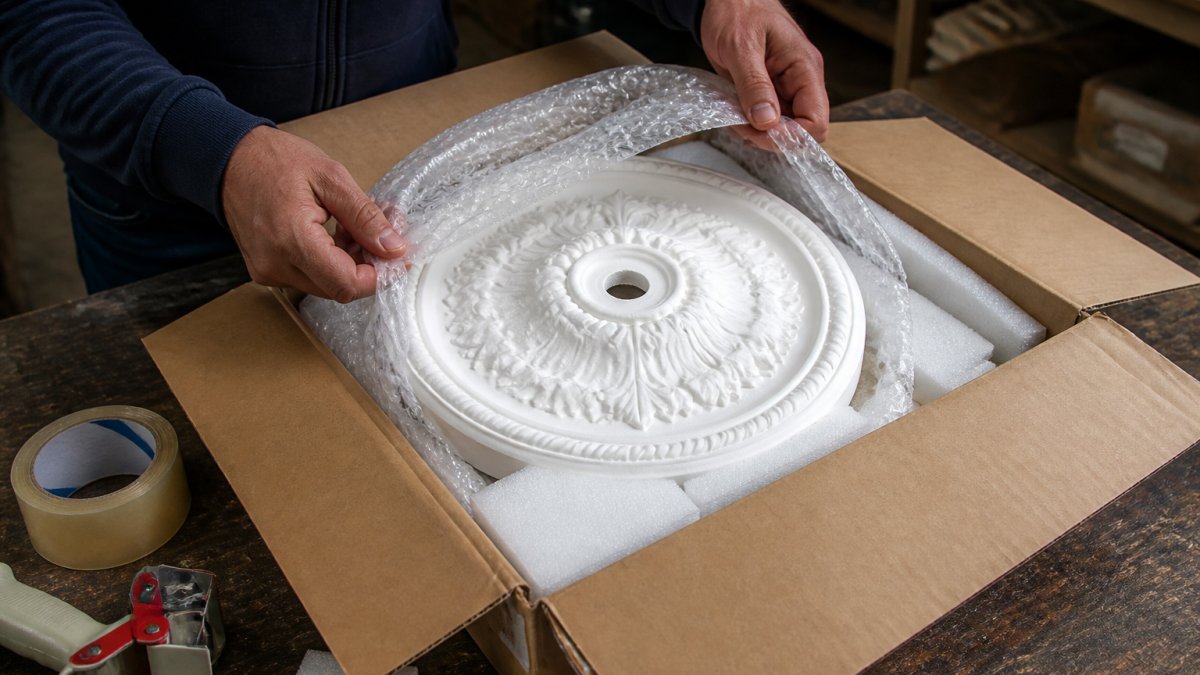 Hands wrapping an ornate plaster ceiling rose in protective bubble wrap and foam inside a sturdy shipping box