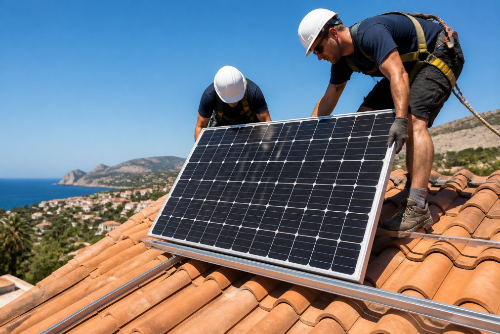 Installers in safety harnesses fitting a solar panel installation on a terracotta tile roof under a blue sky