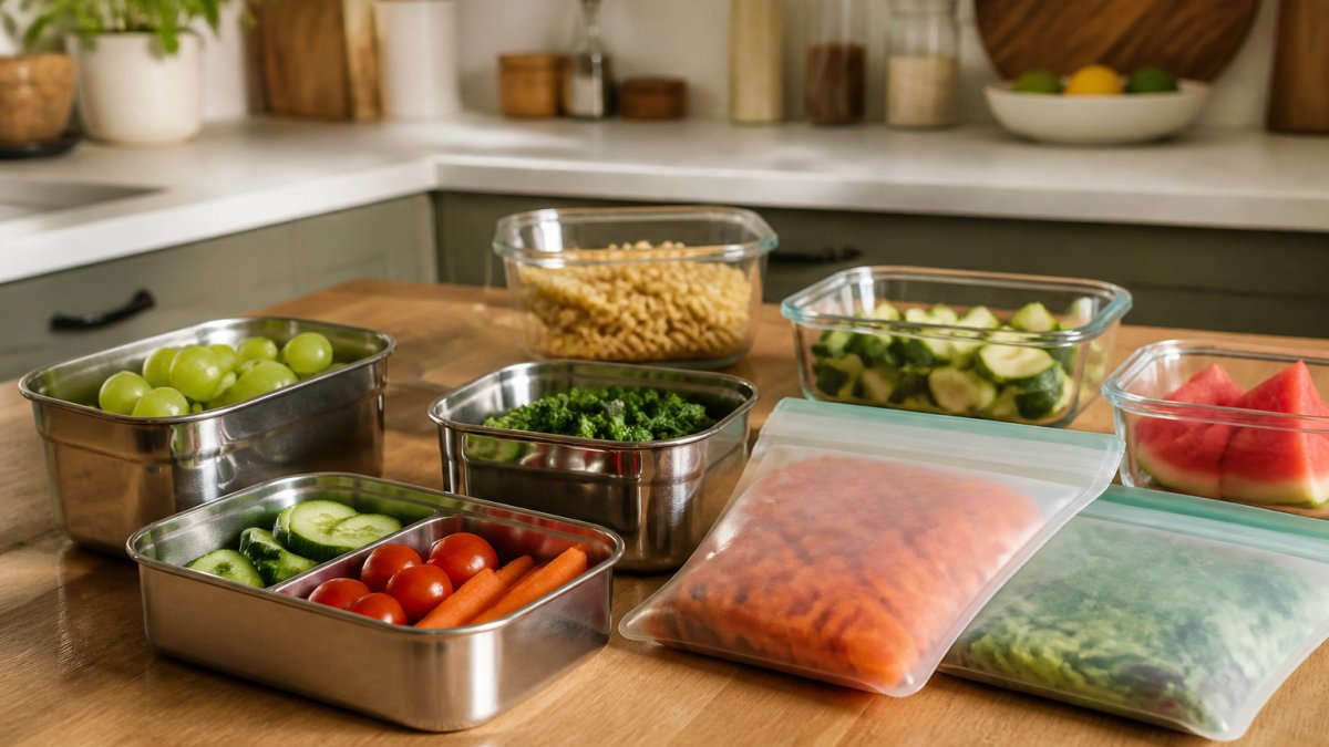 A family kitchen counter with glass containers, stainless steel lunchboxes and silicone storage bags filled with fresh food, natural daylight, real-life style
