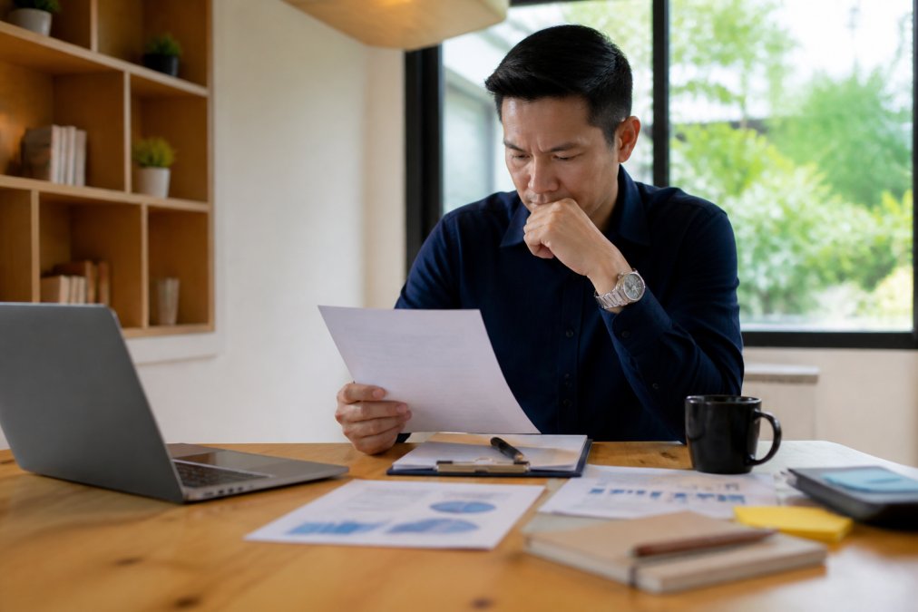 Entrepreneur reviewing business documents and notes at a desk with a laptop, coffee cup, and pen, looking focused and thoughtful