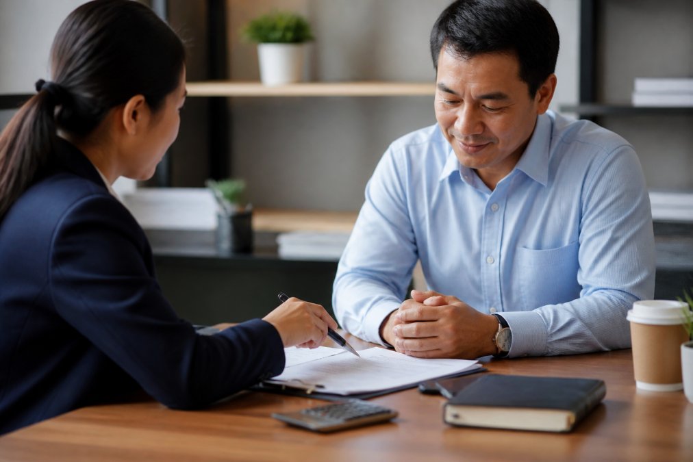 Business owner meeting with a banker or financial advisor in a professional office setting, discussing account options and reviewing documents