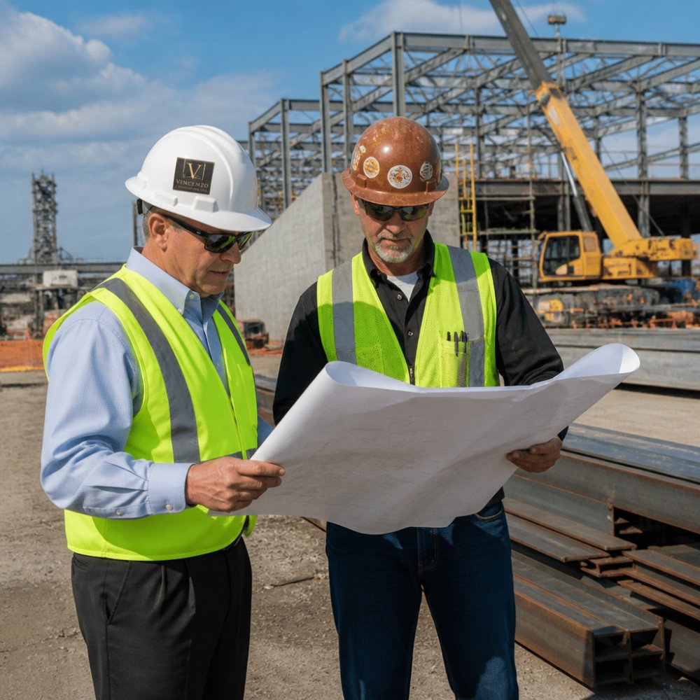 Owner's representative and site superintendent reviewing plans for industrial project oversight on a construction site.