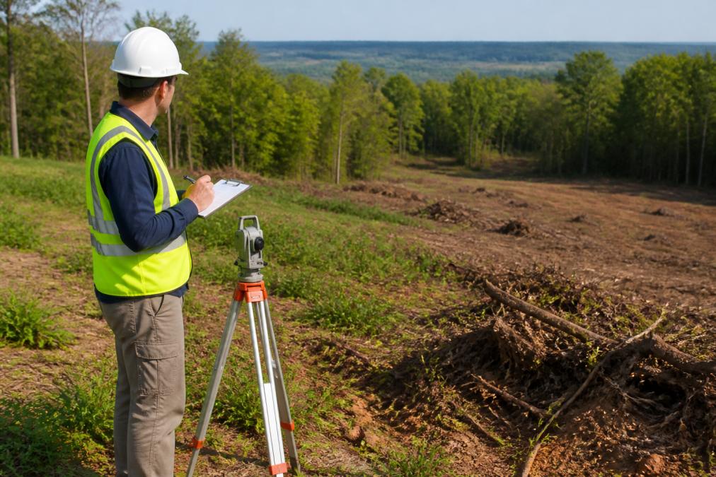 Professional land surveyor standing on undeveloped property with clipboard and measuring equipment, examining terrain, vegetation patterns, and taking notes with natural daylight