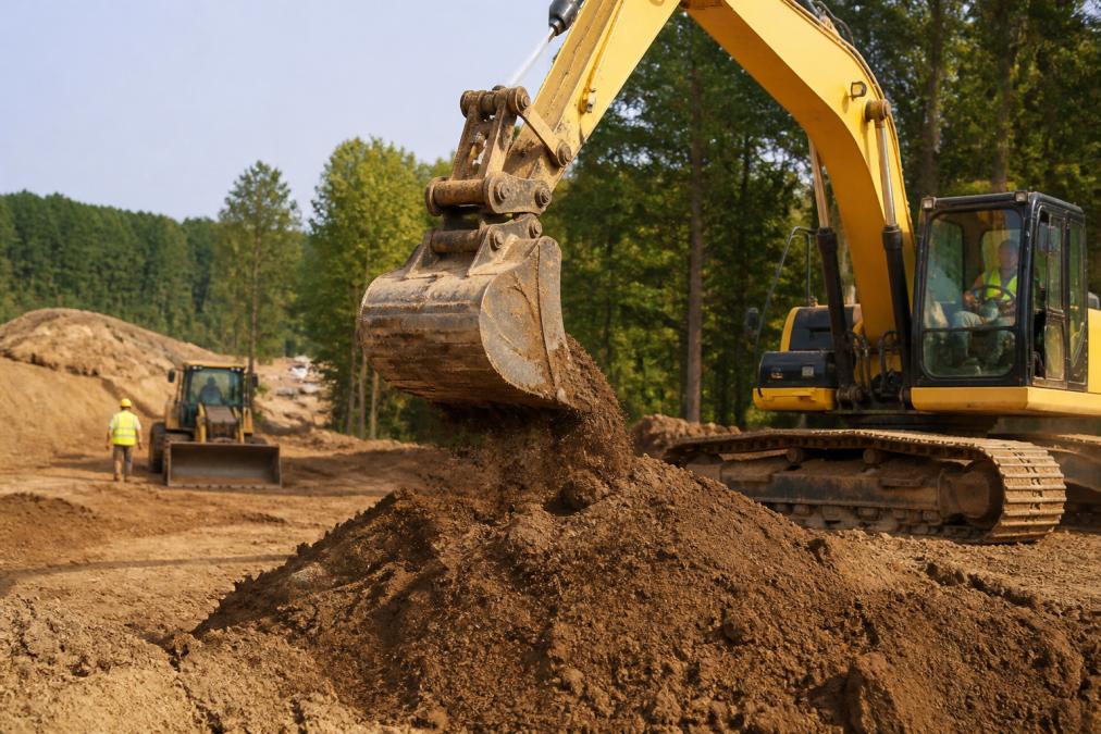 Heavy excavation equipment operating on active construction site, with excavator bucket moving soil and earthmoving machinery clearing ground in daylight