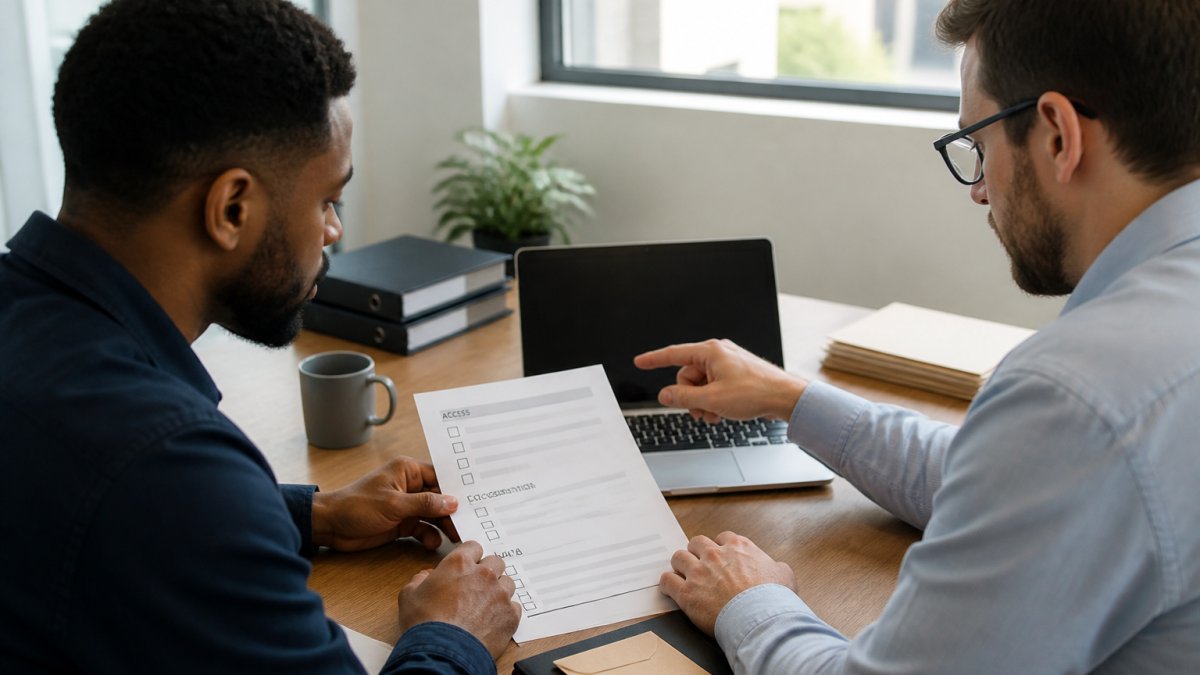 Two IT professionals reviewing a checklist and password manager when they switch IT service providers in an office.