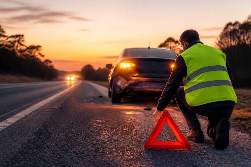 A person in a high-visibility vest placing a warning triangle on the road behind a damaged car at dusk, hazard lights flashing orange against the fading light