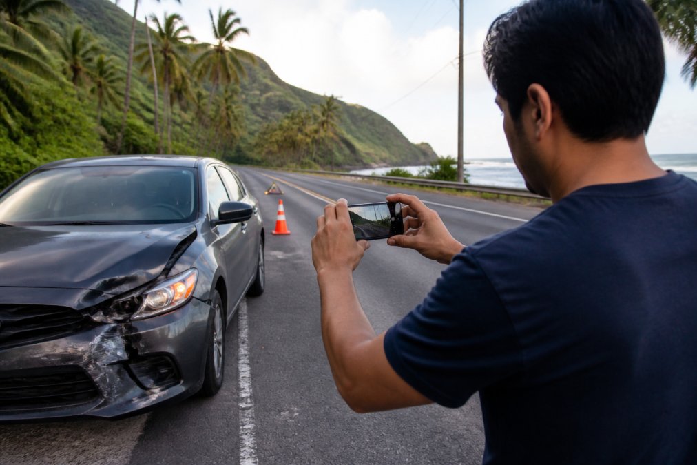 Driver photographing car accident damage for the 7 steps to take after a car accident in Hawaii guide.