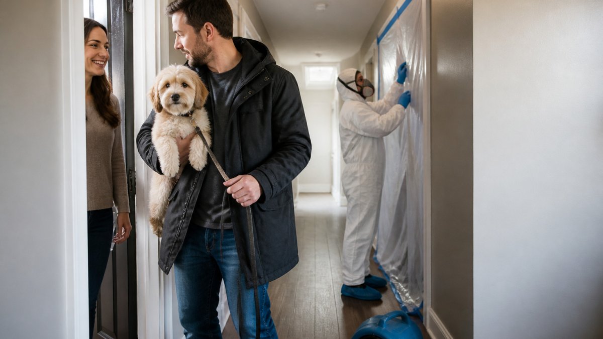 Homeowner taking a dog to a neighbor during mold remediation pets safety preparations
