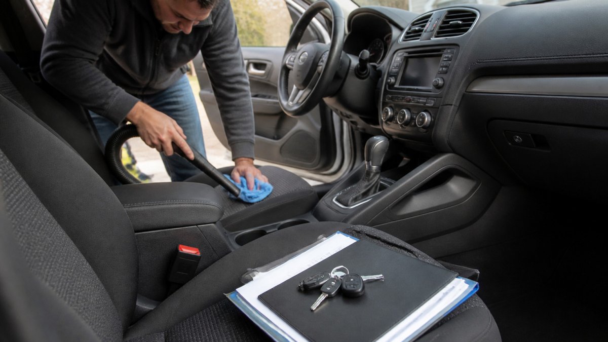 Car owner cleaning a sedan interior with a vacuum and service records to prepare for a trade in car.