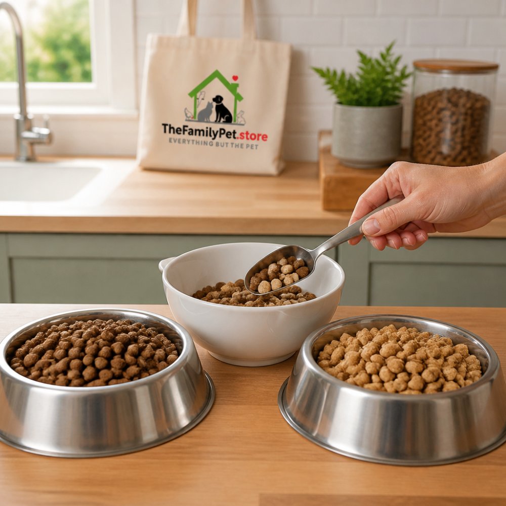 Two different dog food bowls side by side on a kitchen counter, one with kibble and one with a different kibble variety, with a metal spoon mixing the two together