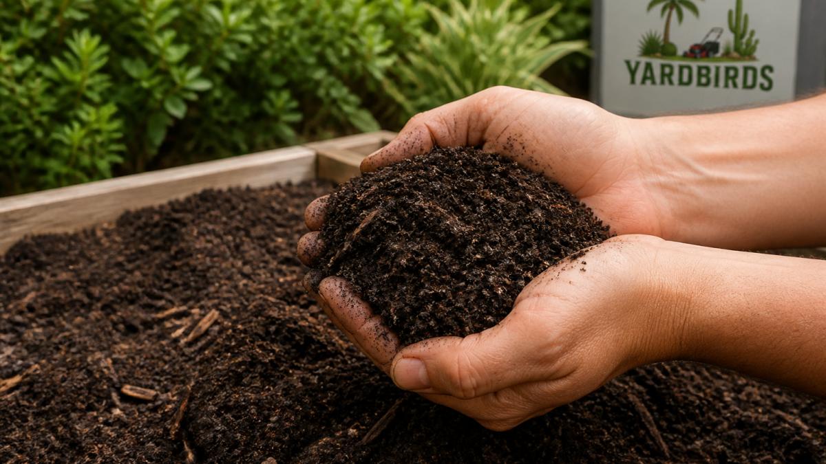 Close-up of hands holding rich, dark compost and organic soil over a garden bed, showing soil texture and health