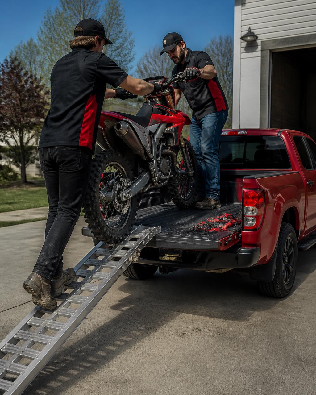A rider guiding a dirt bike up a folding aluminum ramp into the bed of a pickup truck parked on a paved driveway, with a second person steadying the bike and tie-down straps visible on the tailgate