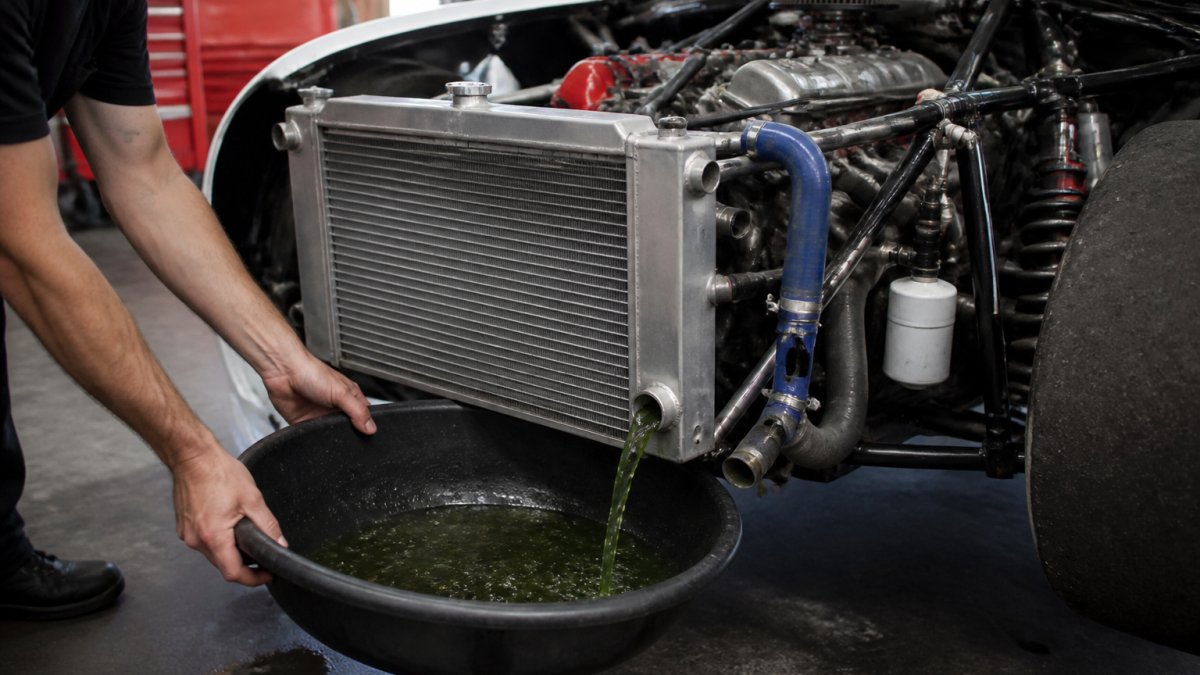Mechanic draining old fluid into a pan during a racing car coolant system upgrade process.
