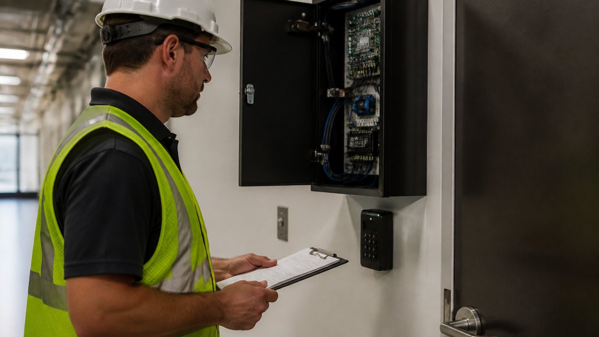 Technician in a hard hat inspecting building security hardware and wiring in a commercial corridor