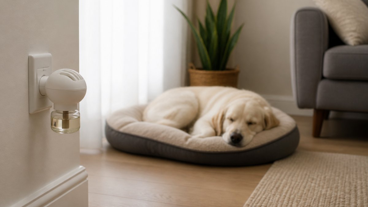 A calming pheromone diffuser plugged into a wall socket near a dog resting on a cozy bed in a living room.