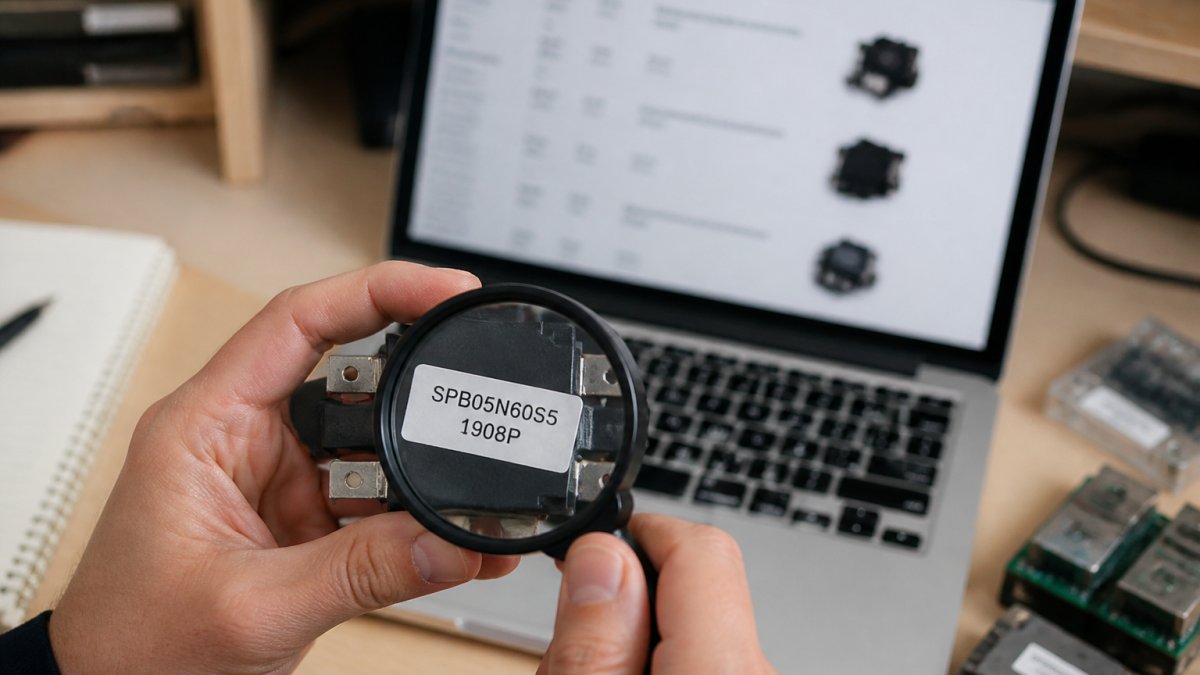 Hands using a magnifying glass to check a part number on a component with a digital database on a laptop screen.