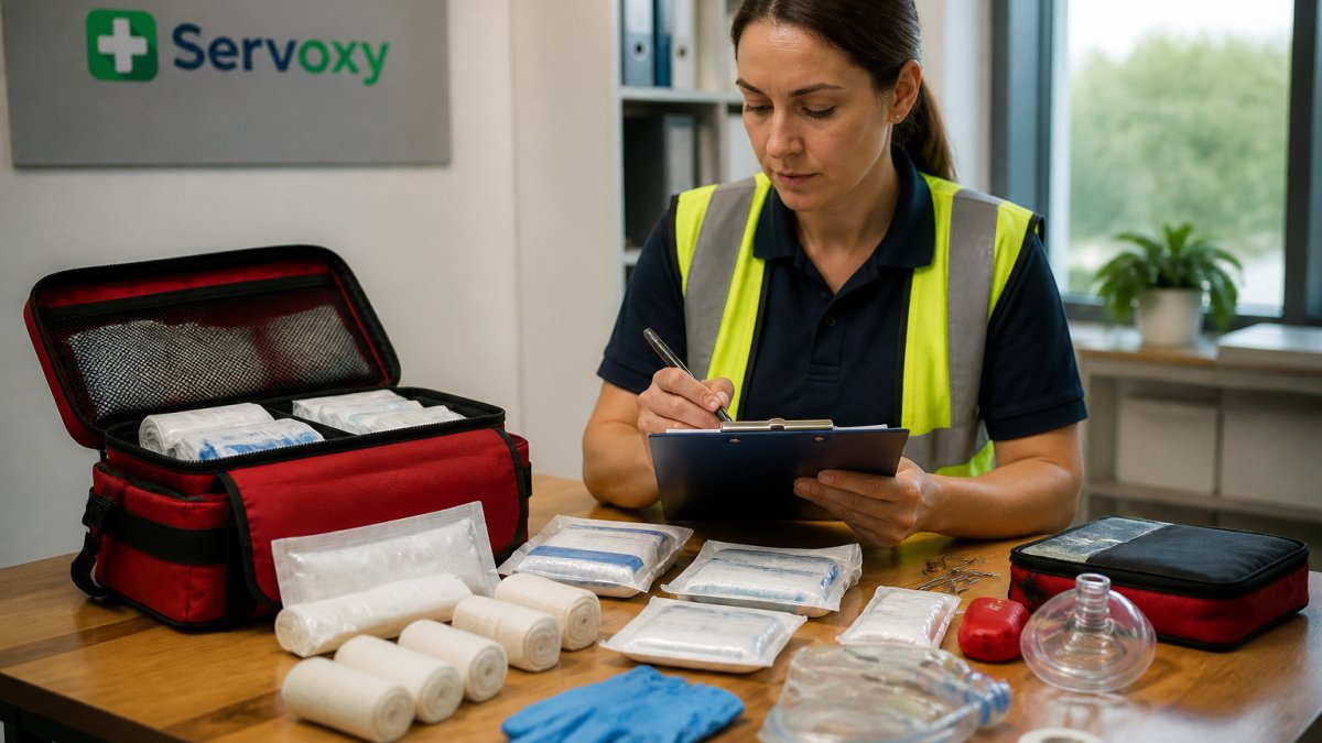 Infographic checklist for auditing workplace first aid kit supplies according to safety standards