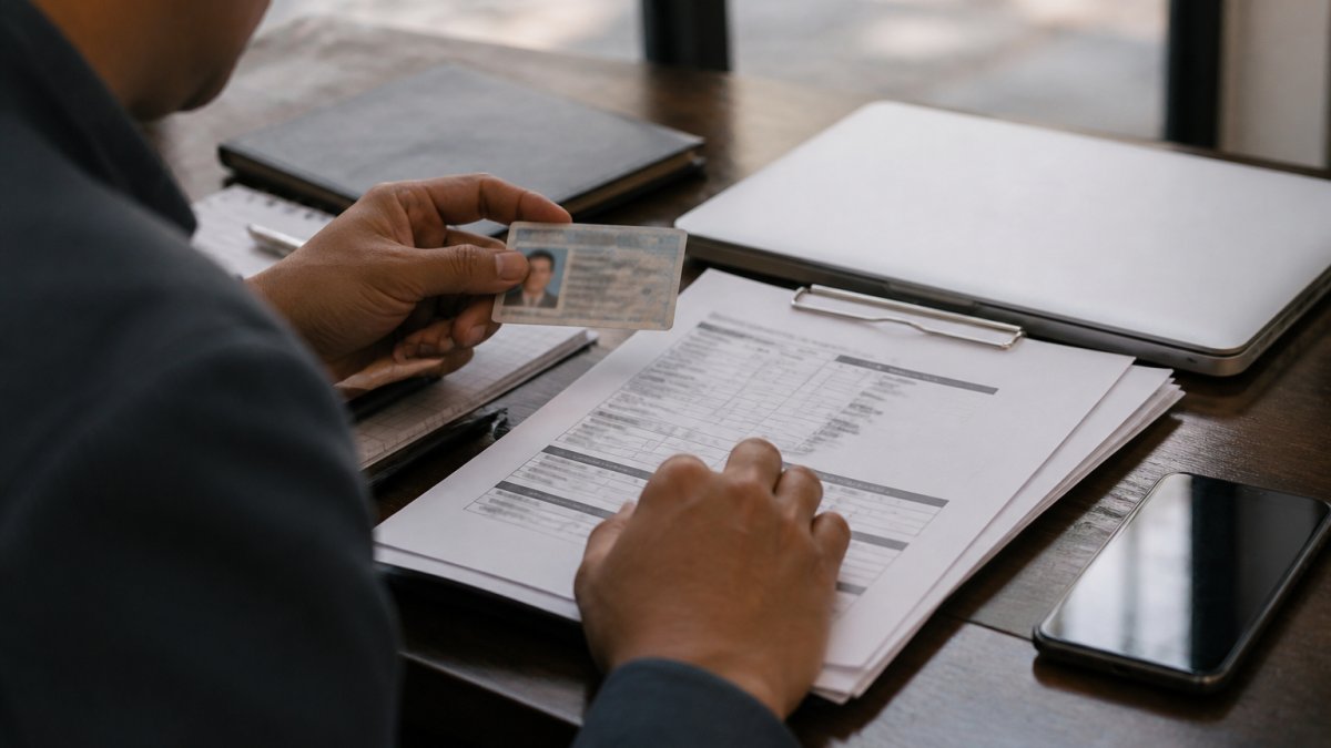 Close-up of hands on a desk reviewing a driver's license and printed background check documents beside a laptop and smartphone, soft window light