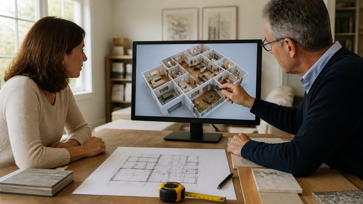 Architect and homeowner reviewing 3D home plans on a monitor in a studio