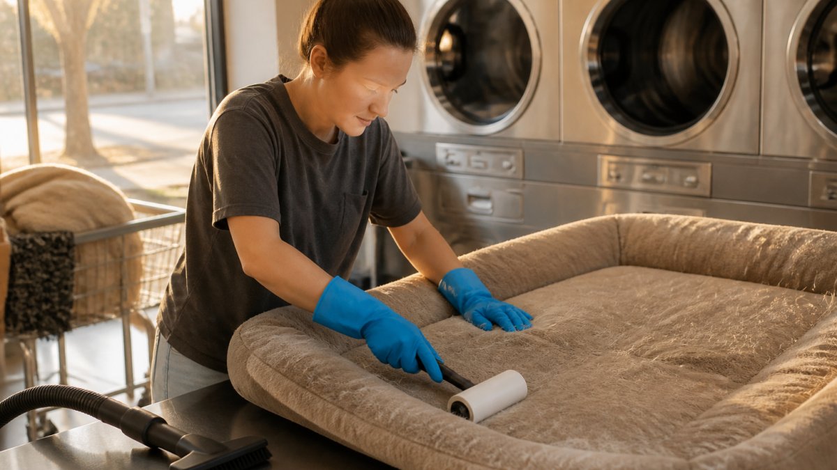 Step-by-step process for removing loose hair from pet bedding using a rubber glove, lint roller, and vacuum brush.