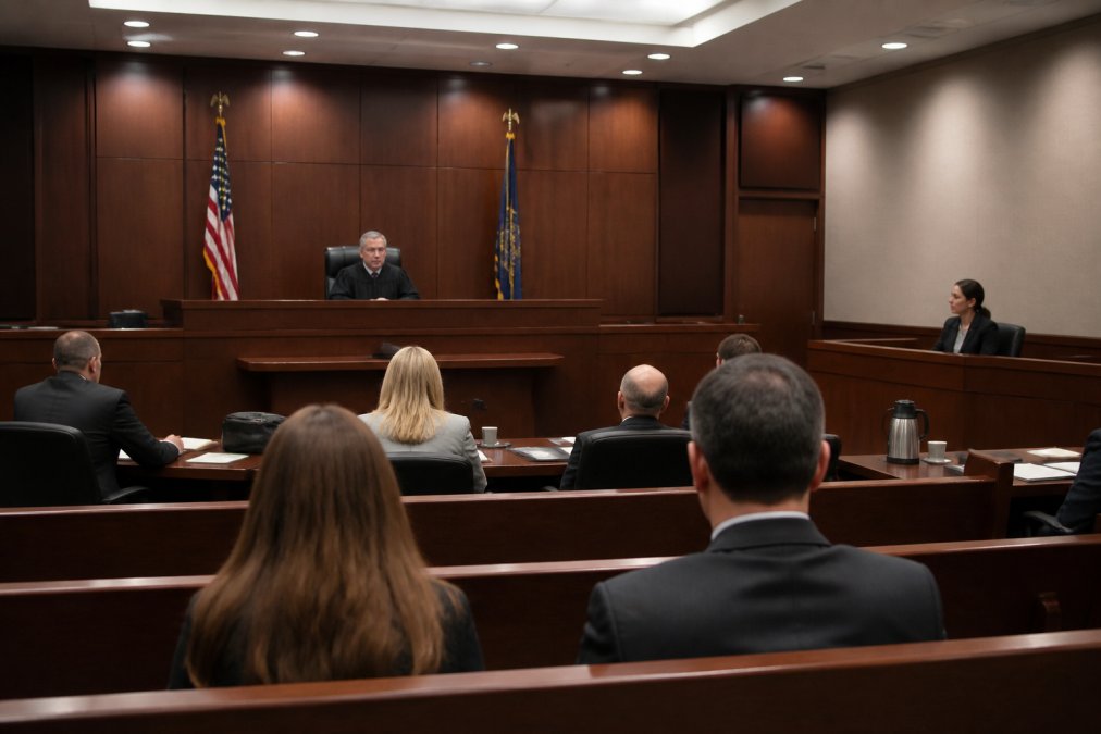 Interior of a family court courtroom with judge's bench elevated at front, witness stand to the side, and wooden seating for courtroom participants, showing formal legal hearing environment with professional lighting