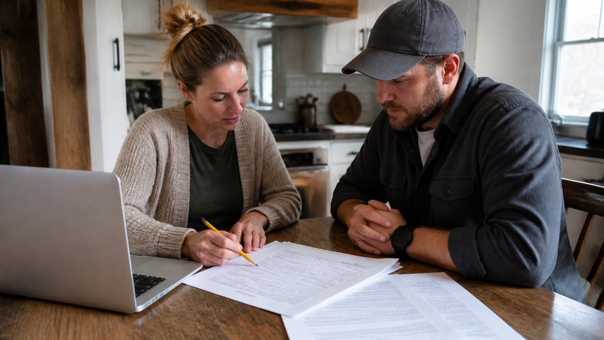 Homeowner and contractor reviewing a detailed renovation scope of work document at a kitchen table