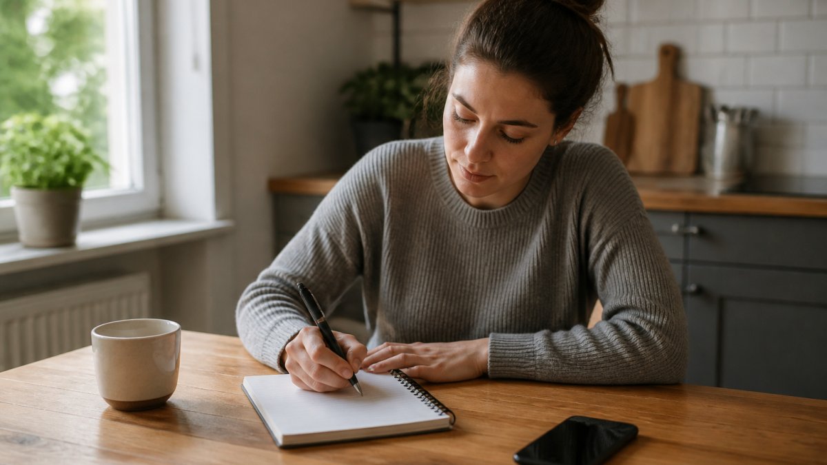 A person sitting at a kitchen table with a notebook and pen, writing a short list of small social goals, with a coffee mug and phone nearby, calm morning light