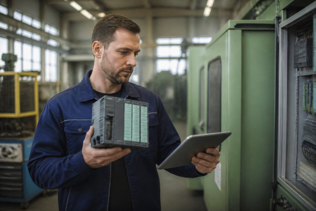 Technician comparing a legacy PLC module to digital specifications as part of strategies for reducing industrial maintenance