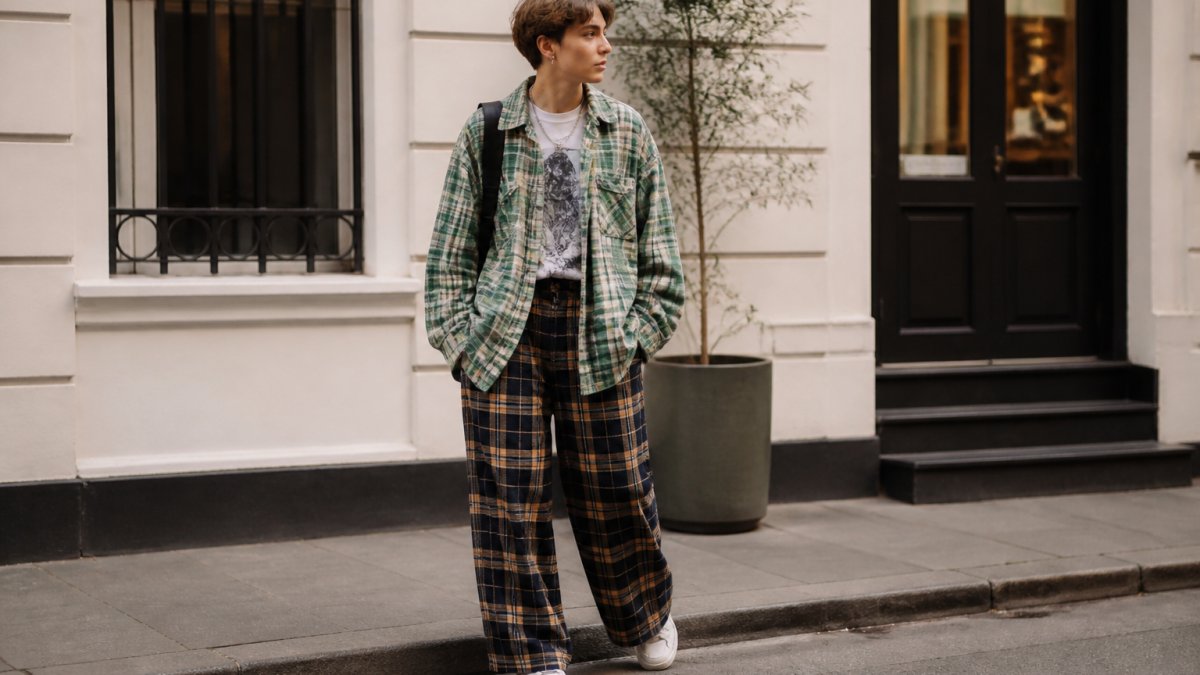 Person wearing a sage green plaid shacket, graphic tee, and wide-leg tartan trousers in natural light