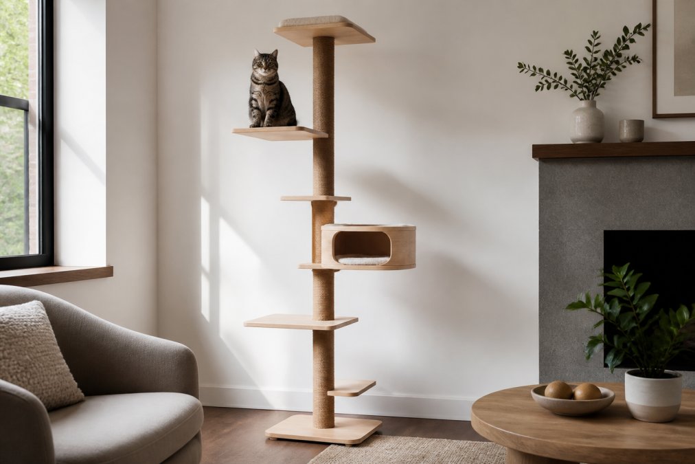 Contemporary living room corner featuring a tall, minimalist cat tower with clean lines and natural wood tones, a cat perched on one of the platforms, with modern furniture and neutral walls in the background