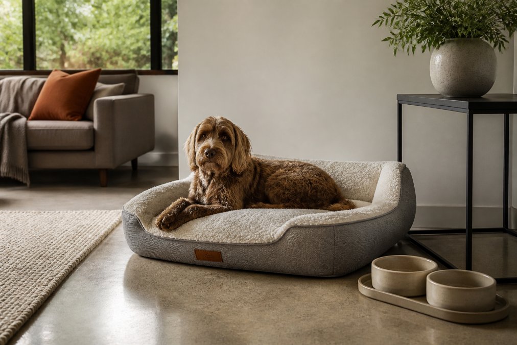 Modern living room with a sleek orthopedic dog bed in neutral tones placed beside a minimalist side table, with a ceramic pet bowl set nearby on a polished floor, natural lighting from windows